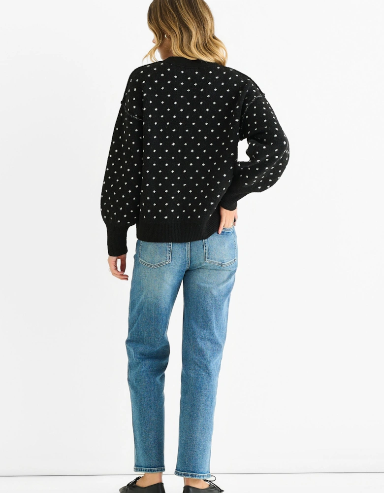 Black Spot Print Button Cardigan Look Jumper