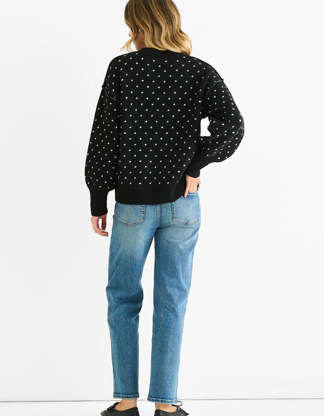 Black Spot Print Button Cardigan Look Jumper