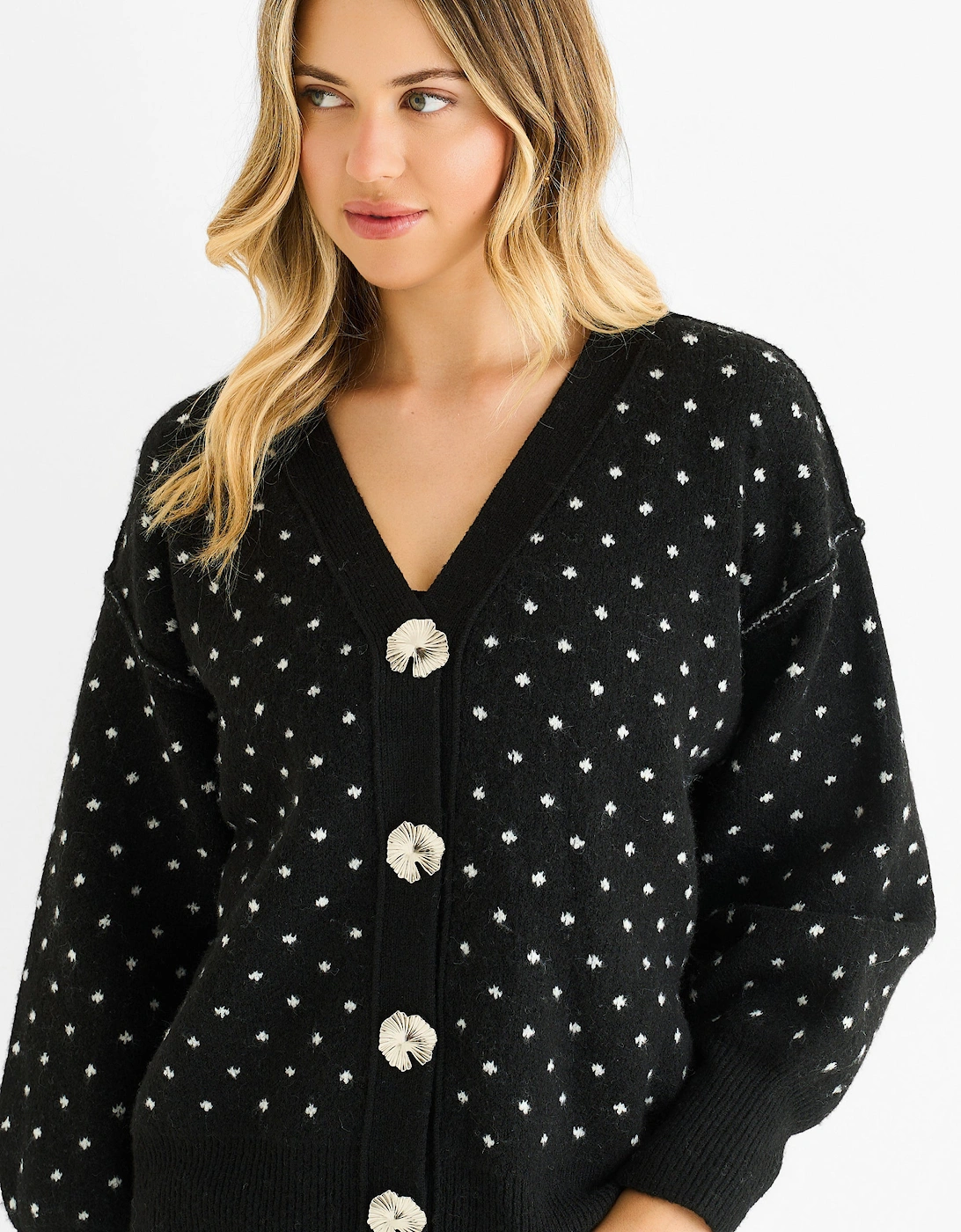 Black Spot Print Button Cardigan Look Jumper