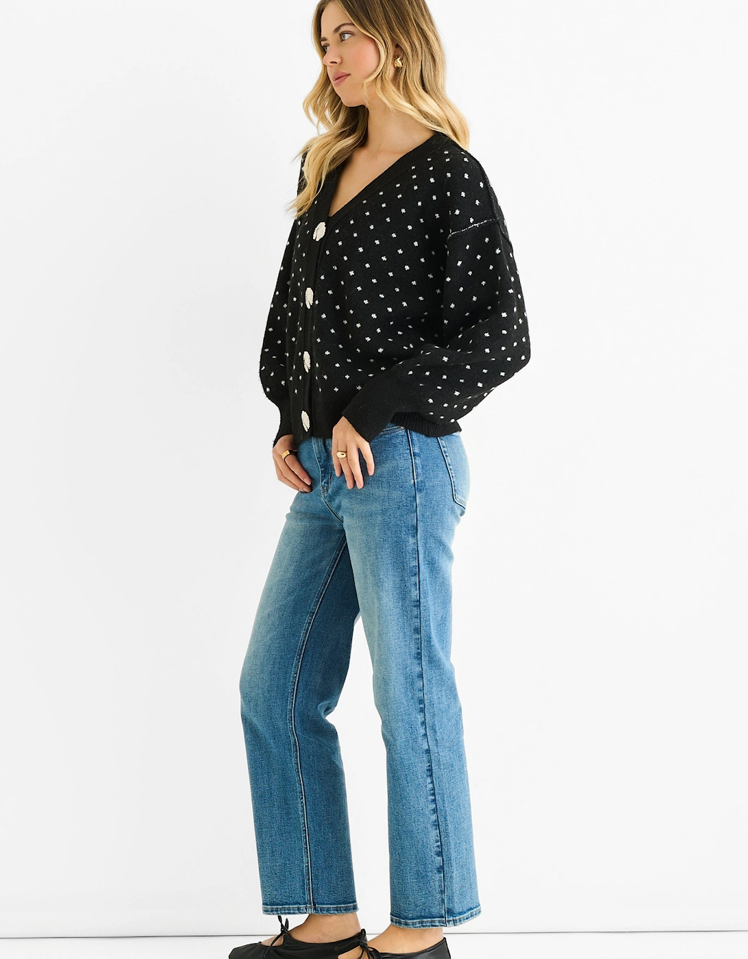 Black Spot Print Button Cardigan Look Jumper