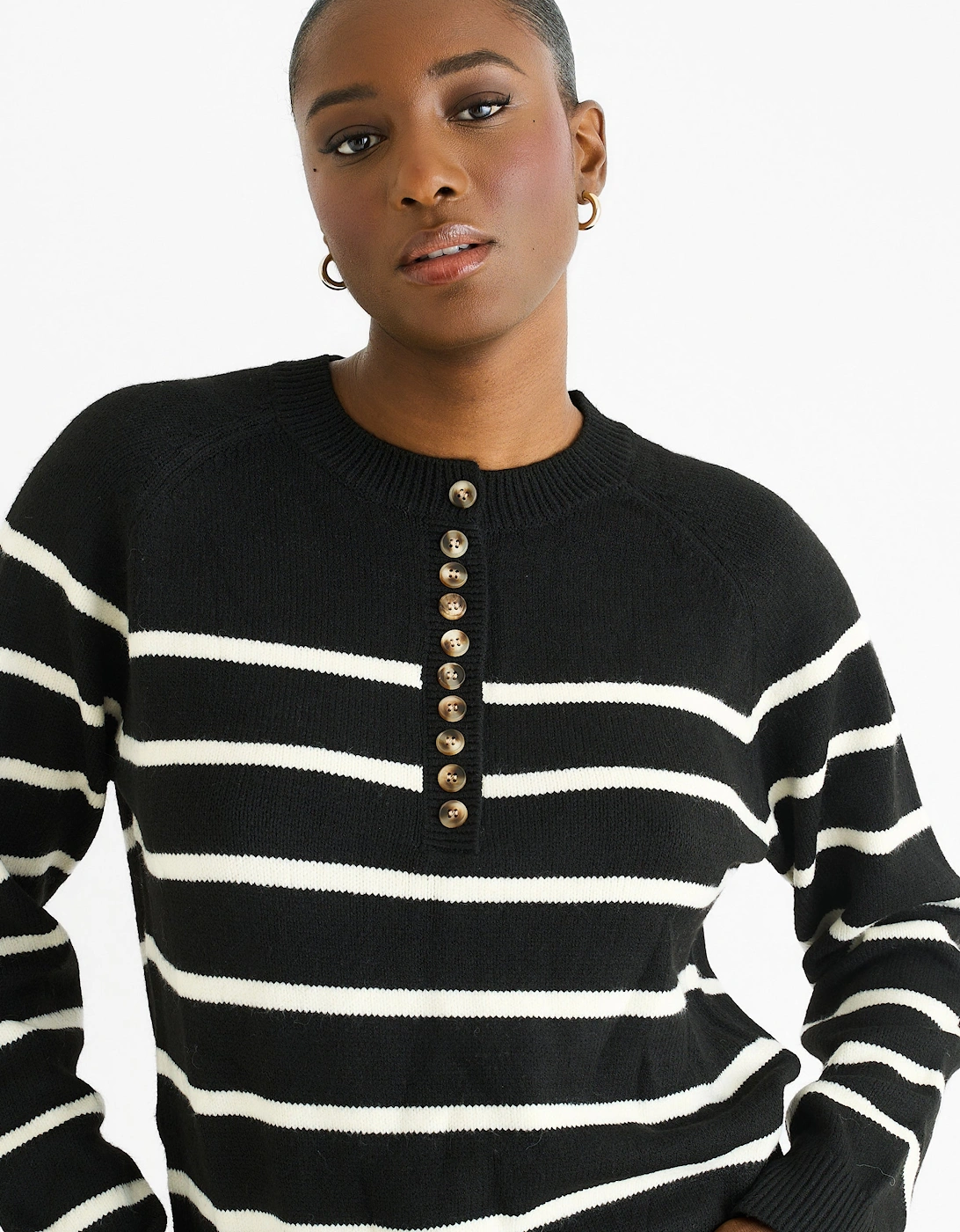 Gini London Women's Black Recycle Mix Stripe Button Up Loose Fit Knit Jumper - Size 8/10