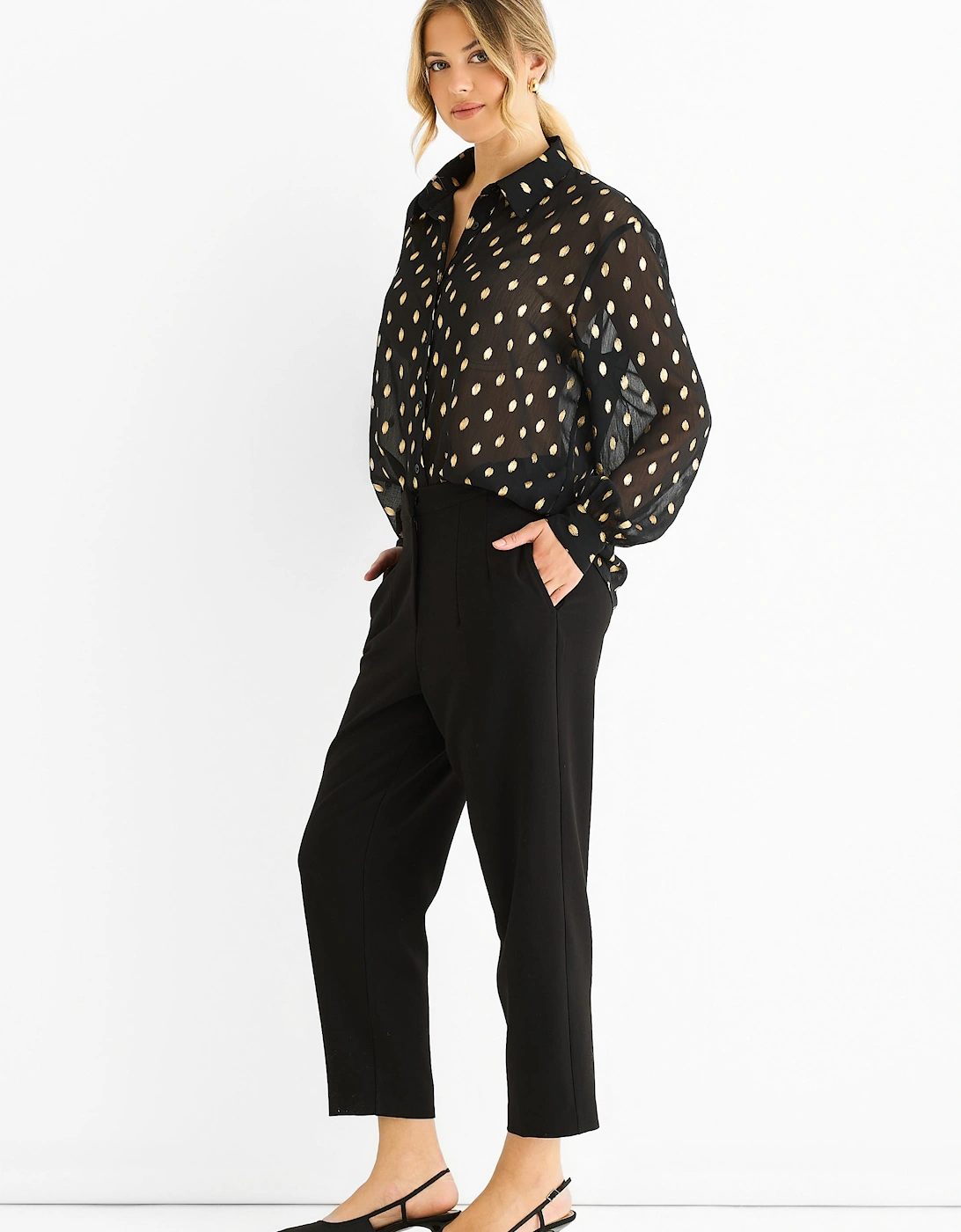 Black Chiffon Foil Jacquard Sheer Shirt