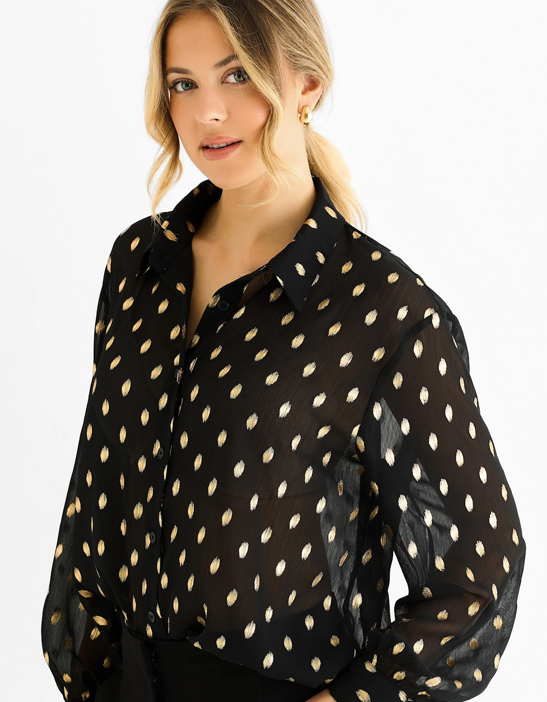 Black Chiffon Foil Jacquard Sheer Shirt