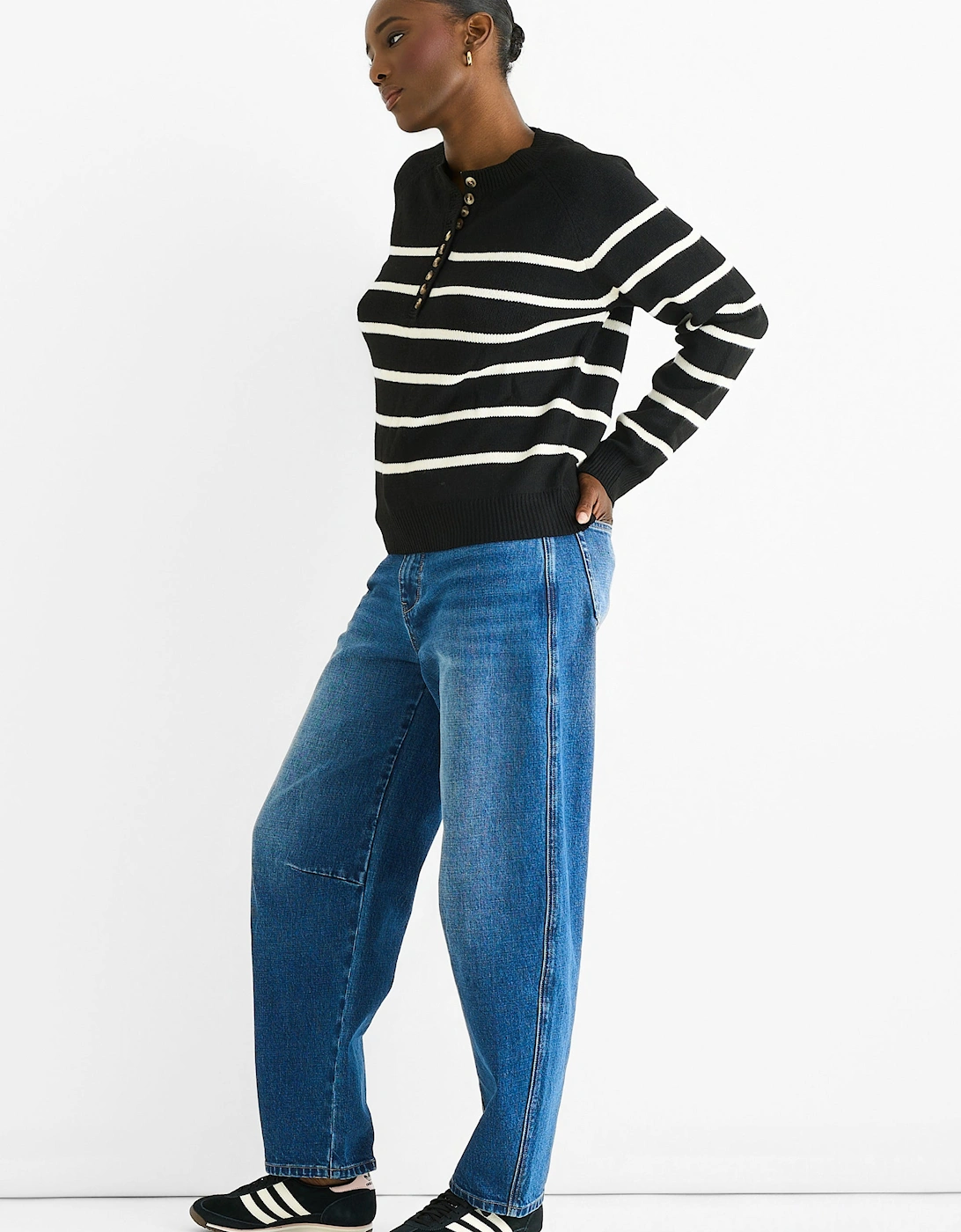 Black Recycle Stripe Button Up Loose Fit Knit Jumper