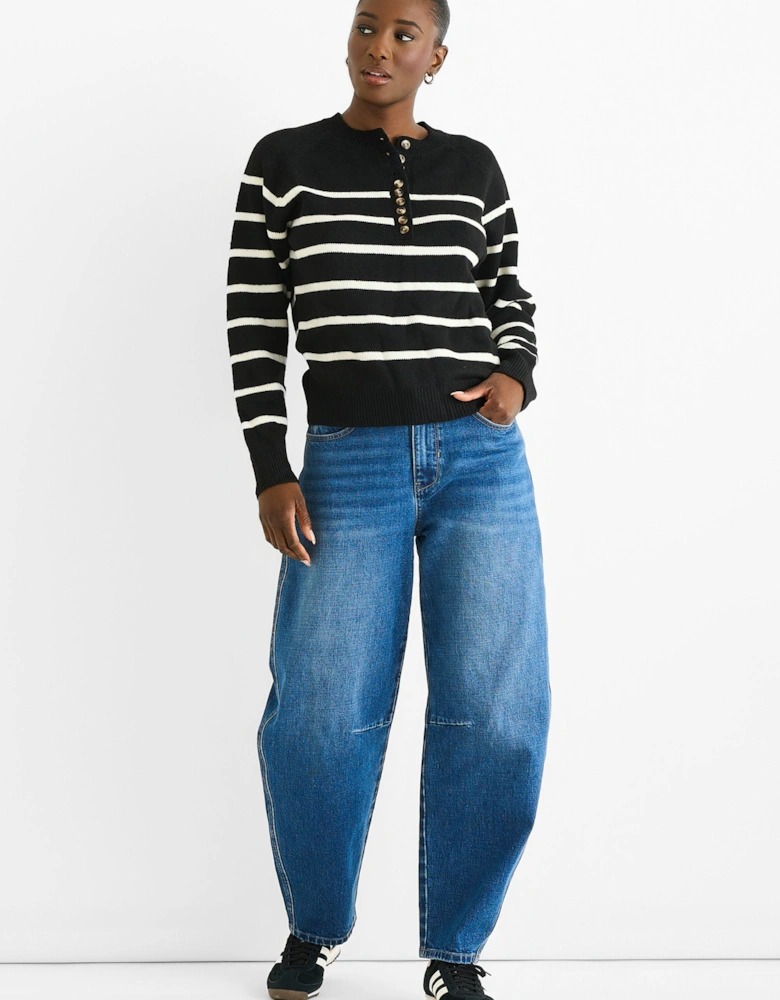 Black Recycle Stripe Button Up Loose Fit Knit Jumper