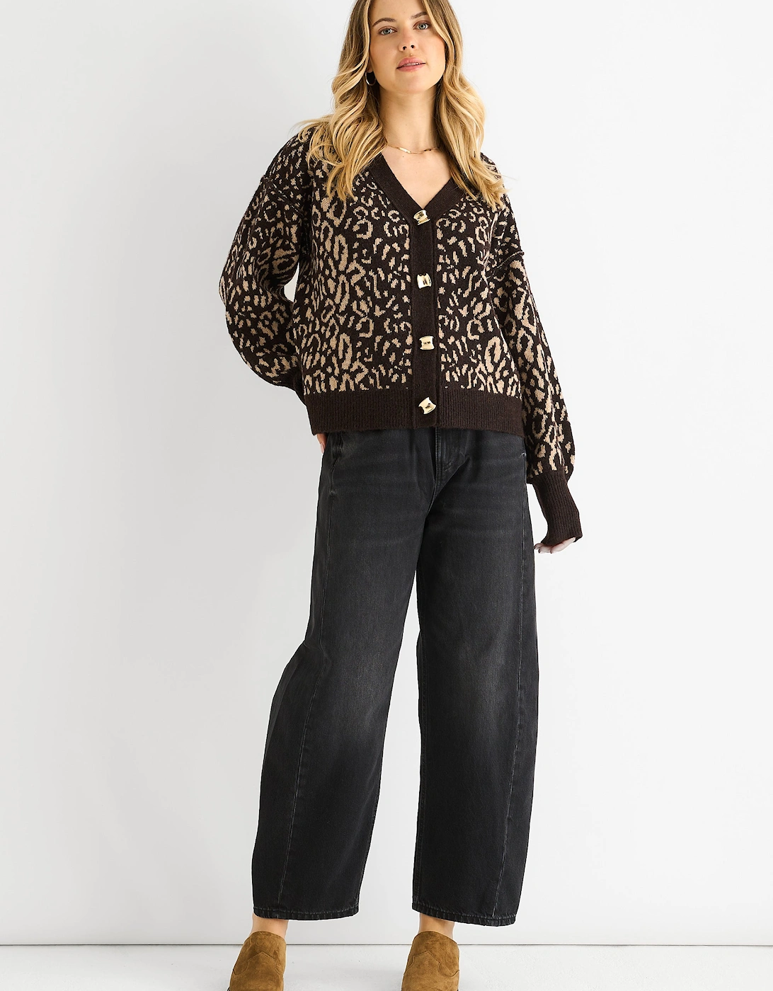 Gini London Women's Chocolate Animal Print Wool Mix Cardigan Look Jumper - : 8/10 Size 8