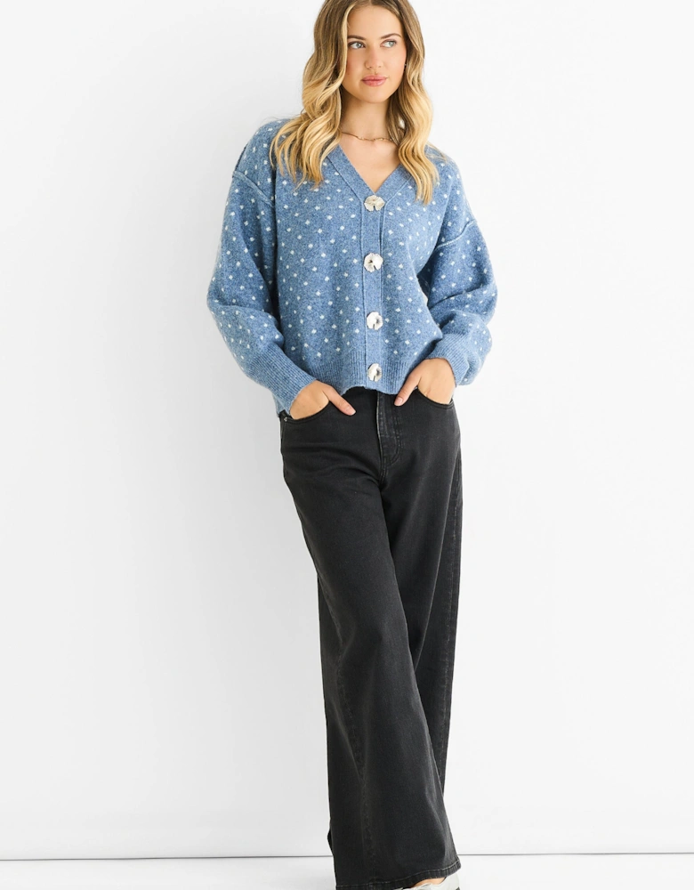 Denim Spot Print Button Cardigan Look Jumper