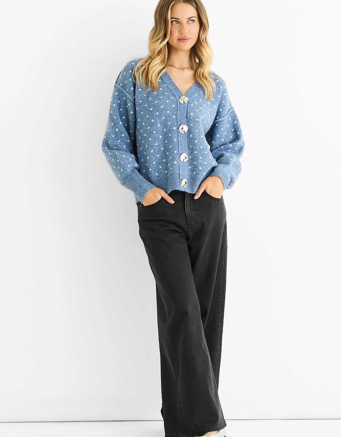 Denim Spot Print Button Cardigan Look Jumper, 5 of 4