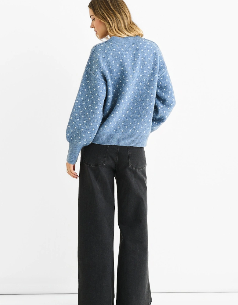 Denim Spot Print Button Cardigan Look Jumper