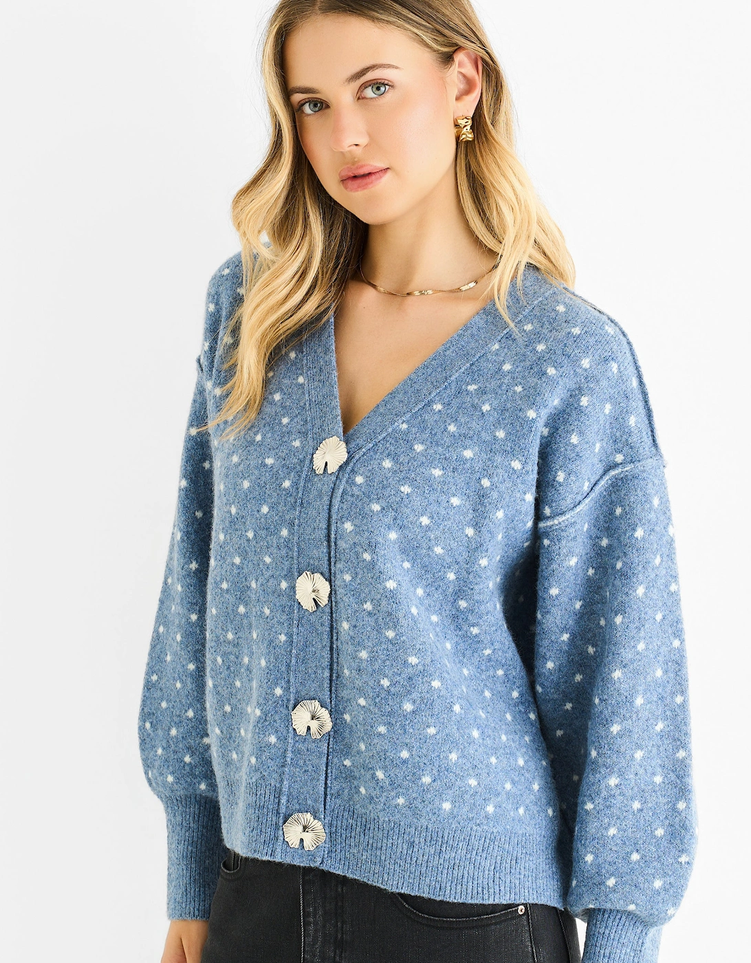 Denim Spot Print Button Cardigan Look Jumper