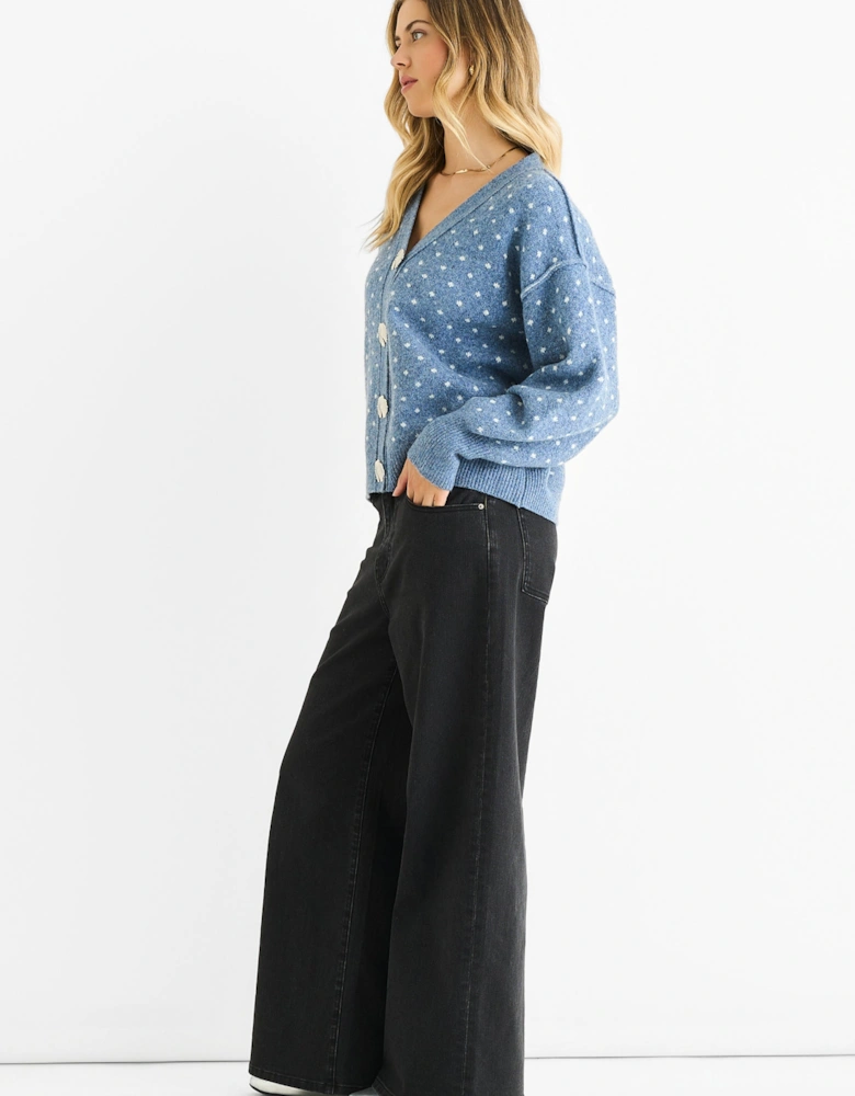 Denim Spot Print Button Cardigan Look Jumper