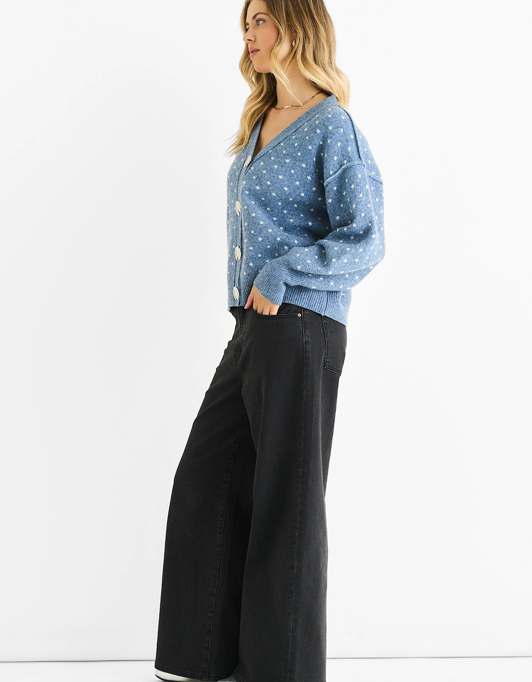 Denim Spot Print Button Cardigan Look Jumper