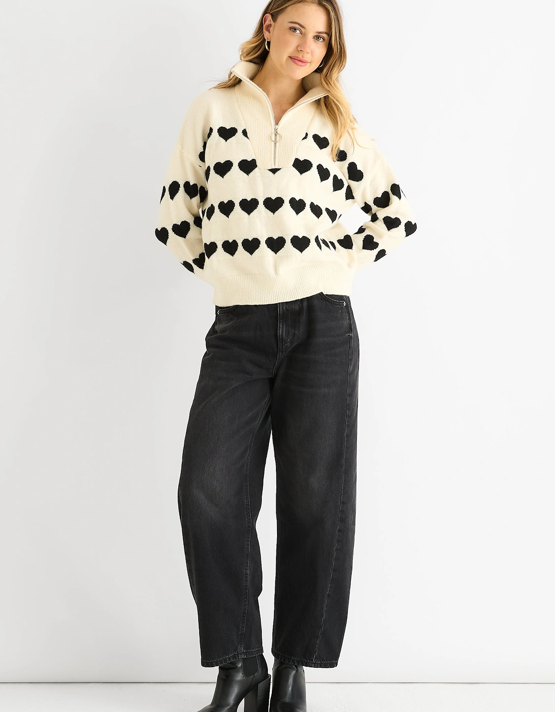 Cream Heart Zip Up Loose Fit Knit Jumper, 5 of 4