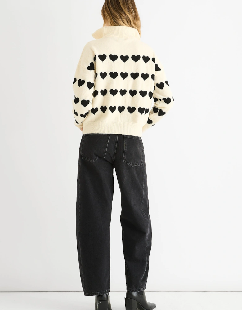 Cream Heart Zip Up Loose Fit Knit Jumper