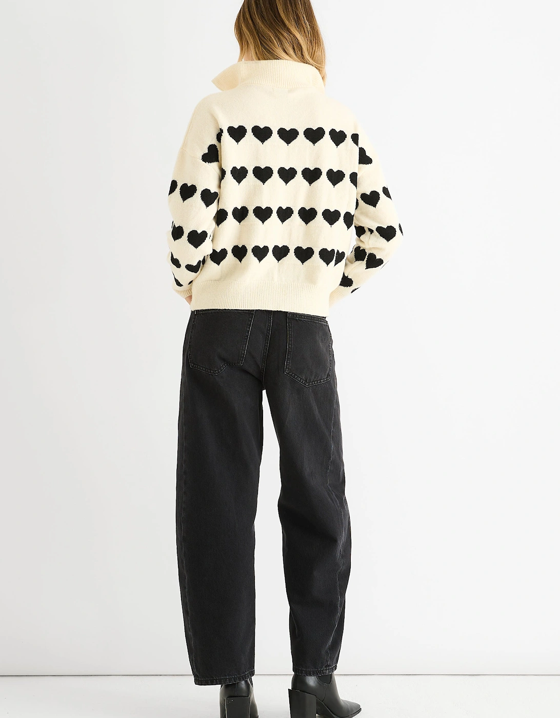 Cream Heart Zip Up Loose Fit Knit Jumper
