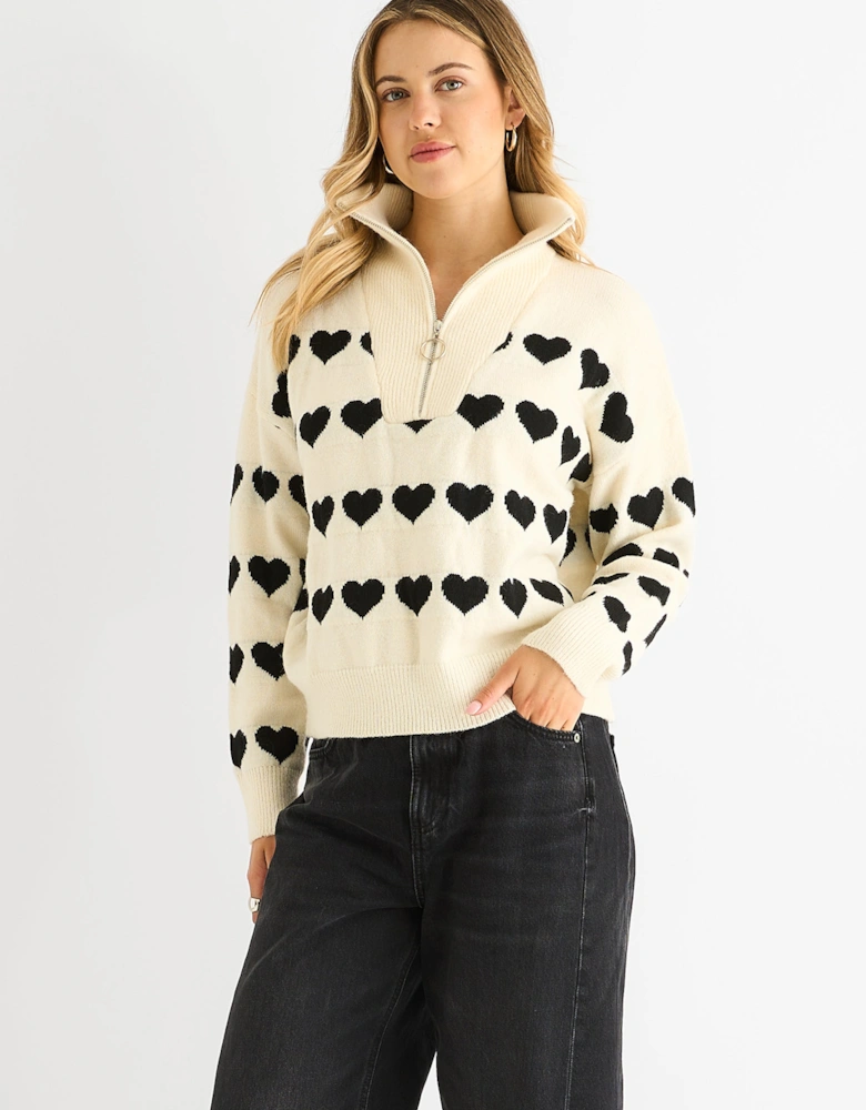 Cream Heart Zip Up Loose Fit Knit Jumper