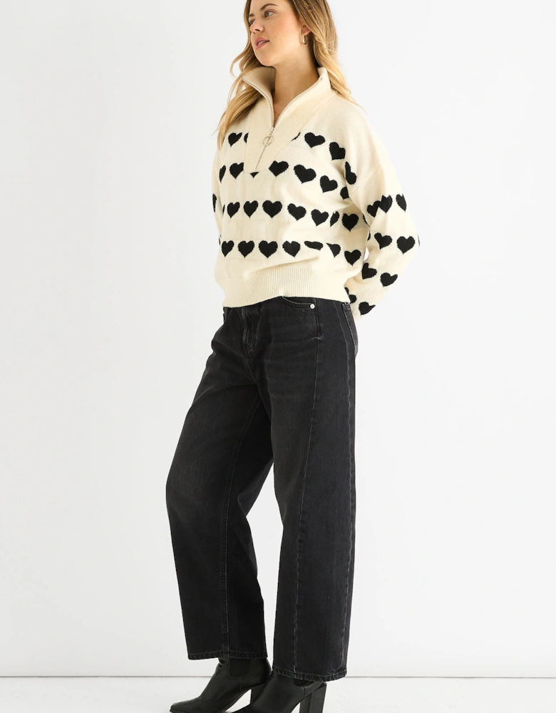 Cream Heart Zip Up Loose Fit Knit Jumper