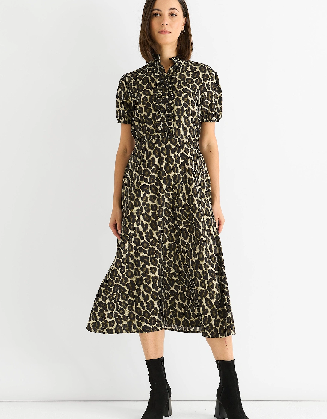 Green Animal Print Ruffle Neck Midi Dress, 5 of 4