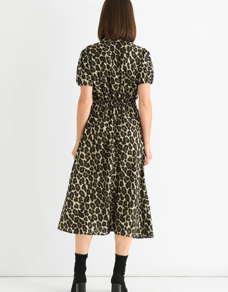 Green Animal Print Ruffle Neck Midi Dress