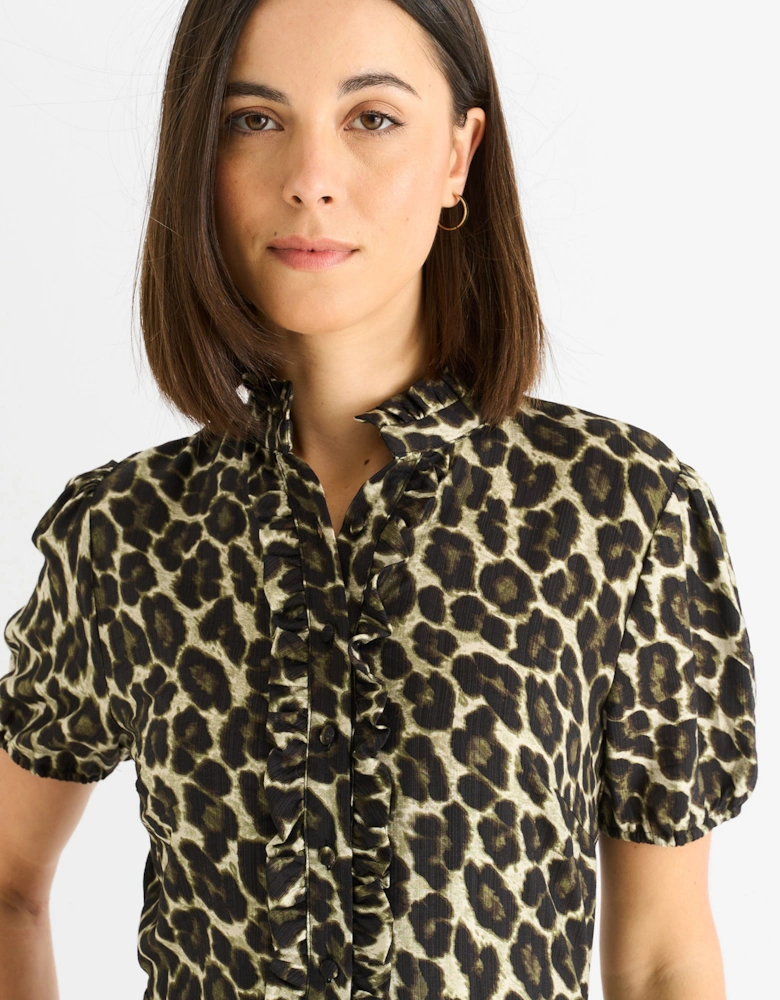 Green Animal Print Ruffle Neck Midi Dress