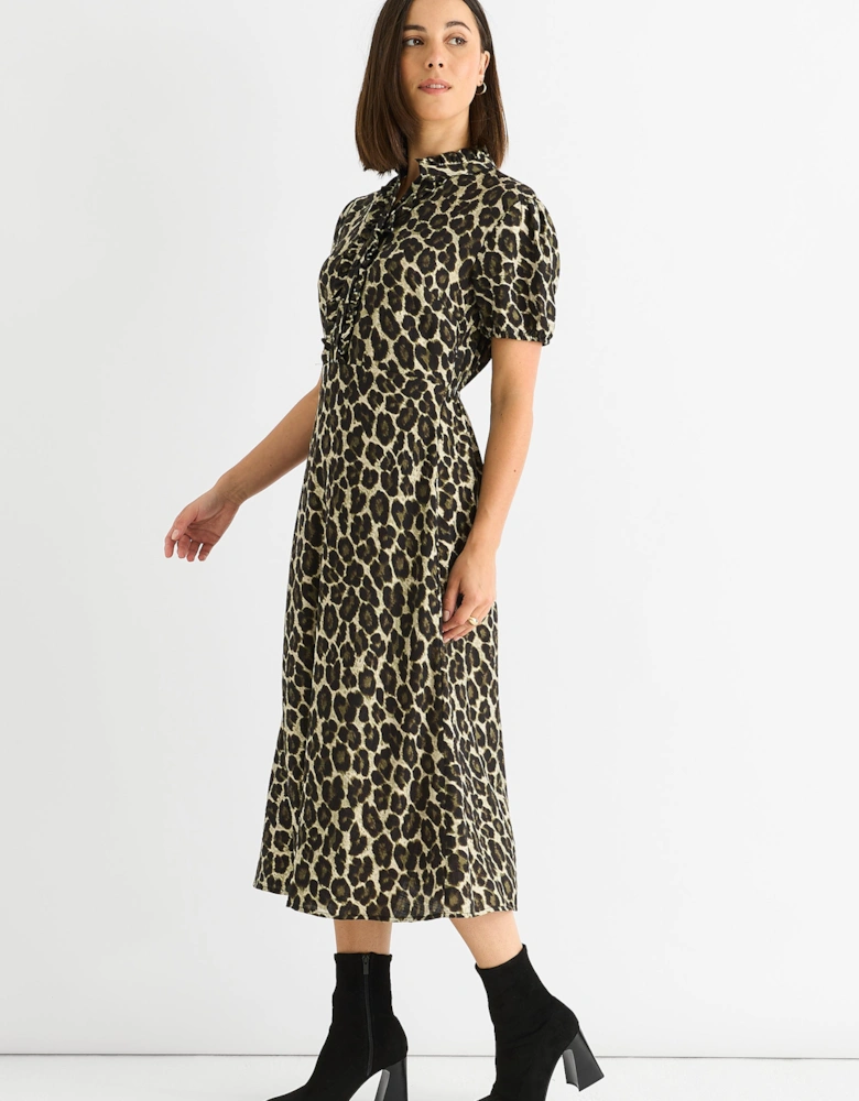 Green Animal Print Ruffle Neck Midi Dress