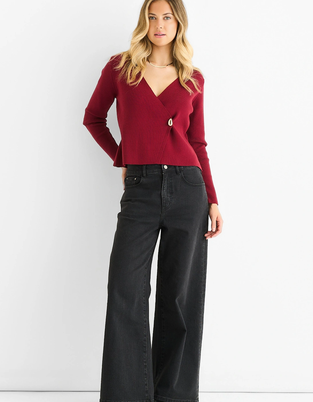 Gini London Women's Burgundy Button Wrap Compact Knit Cardigan - Red - Size: 12/14