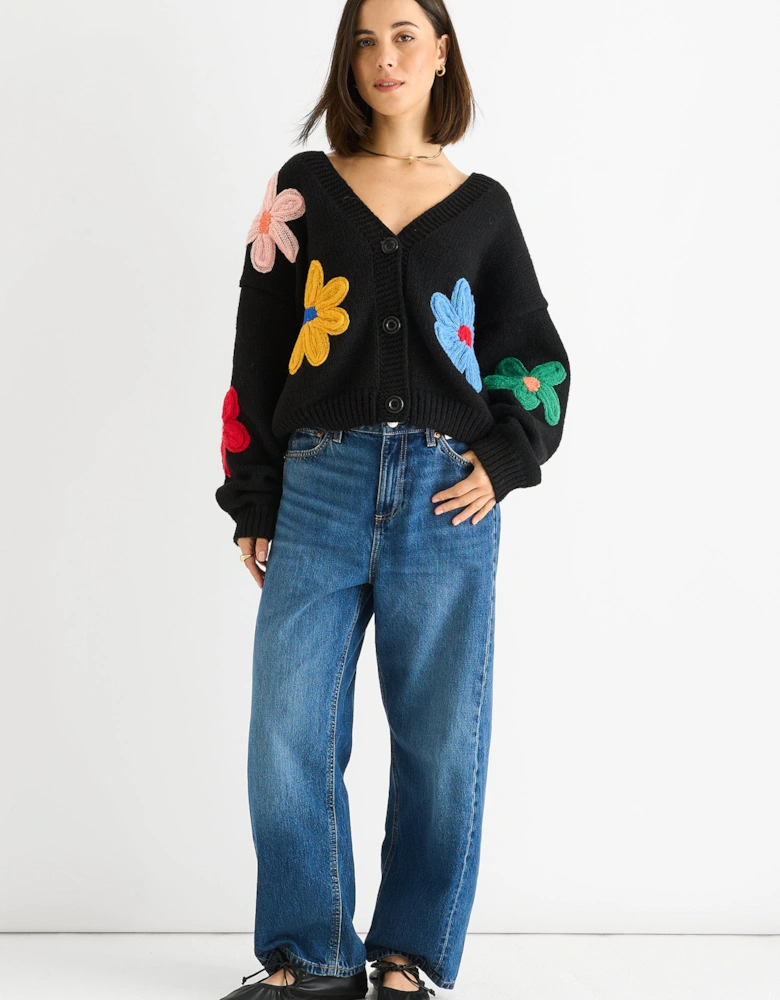 Black Floral Knit Long Sleeves Cardigan