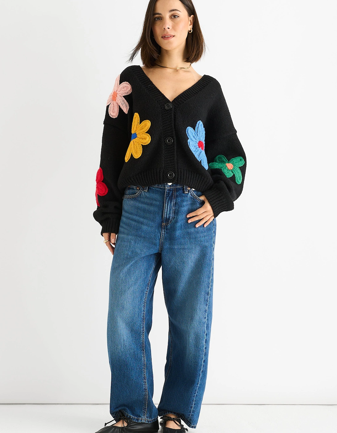 Black Floral Knit Long Sleeves Cardigan, 5 of 4