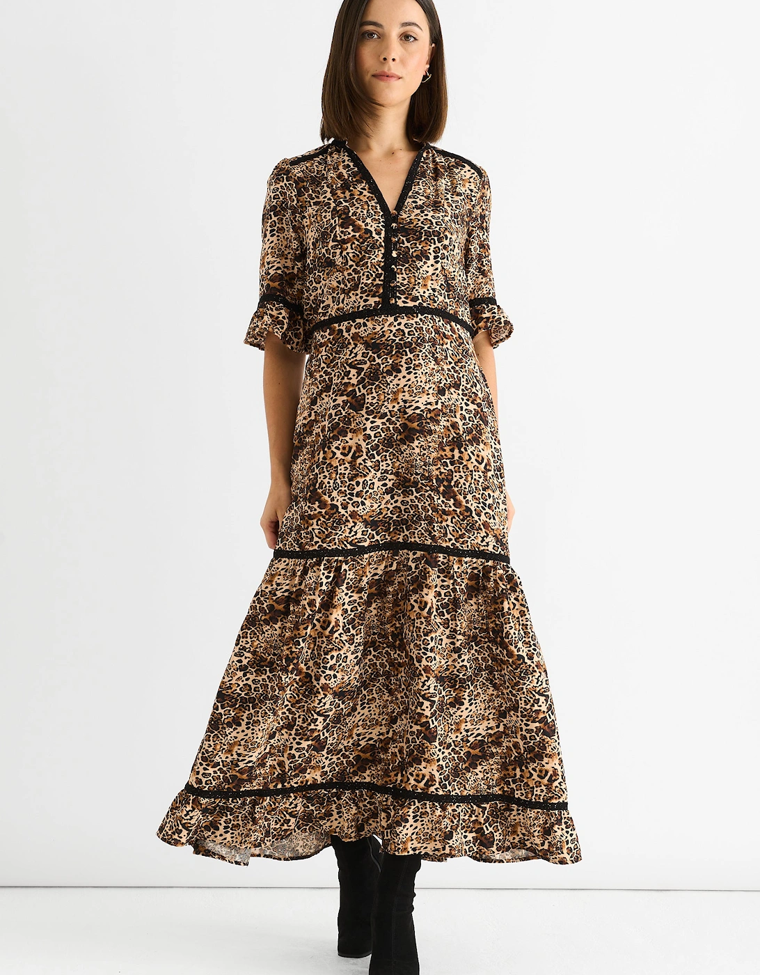 Gini London Women's Brown Animal Print Lace Trim Tiered Midi Dress - Size: 10