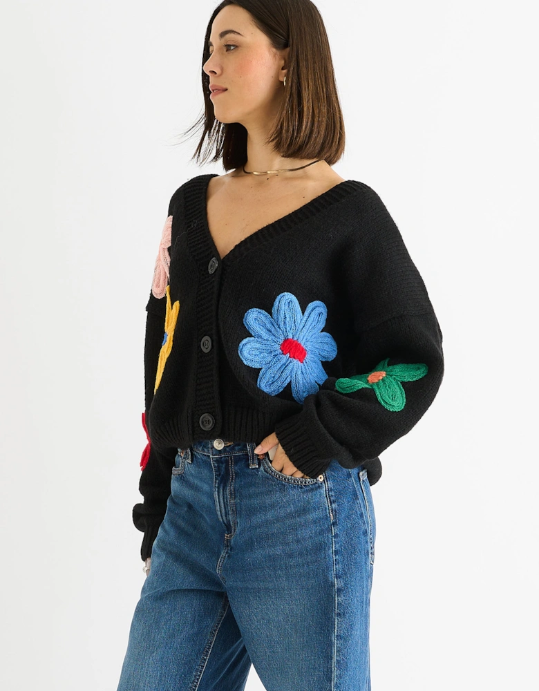 Black Floral Knit Long Sleeves Cardigan