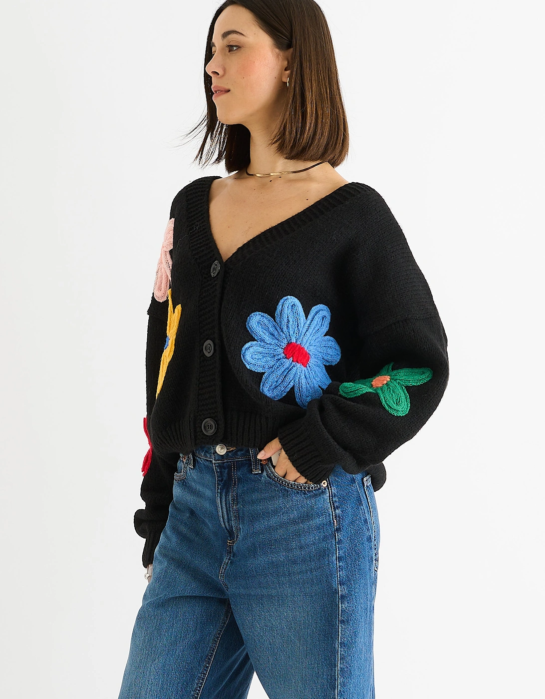 Black Floral Knit Long Sleeves Cardigan
