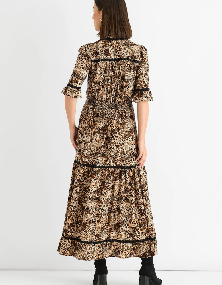 Brown Animal Print Lace Trim Tiered Midi Dress