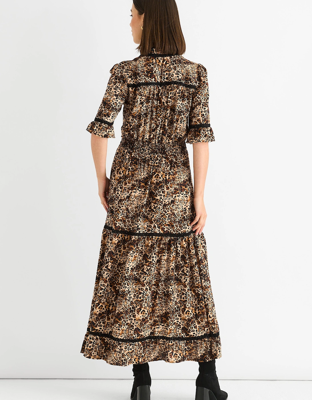 Brown Animal Print Lace Trim Tiered Midi Dress
