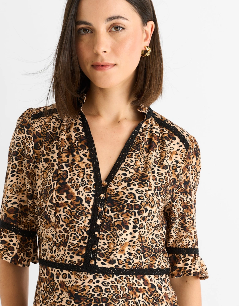 Brown Animal Print Lace Trim Tiered Midi Dress
