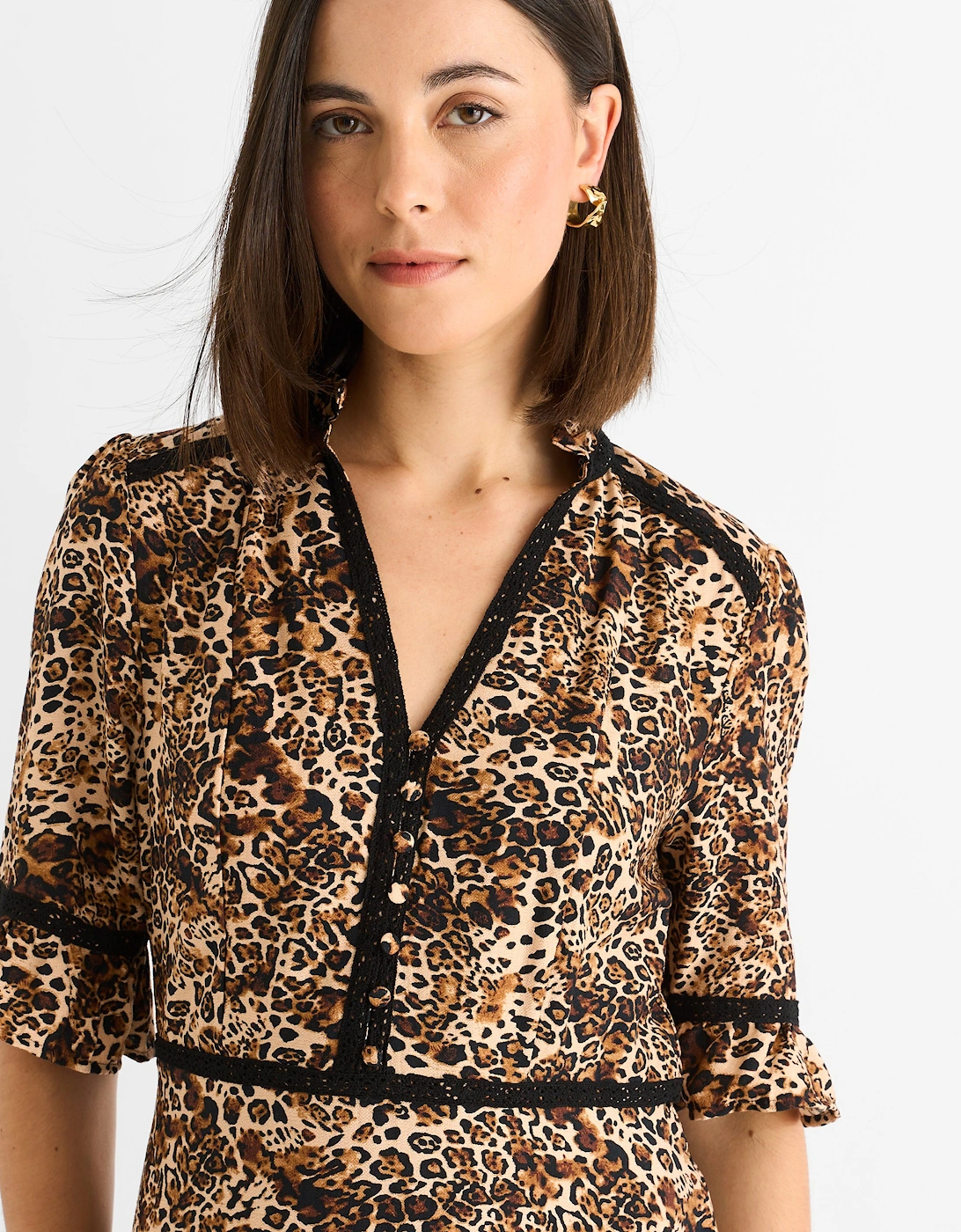 Brown Animal Print Lace Trim Tiered Midi Dress