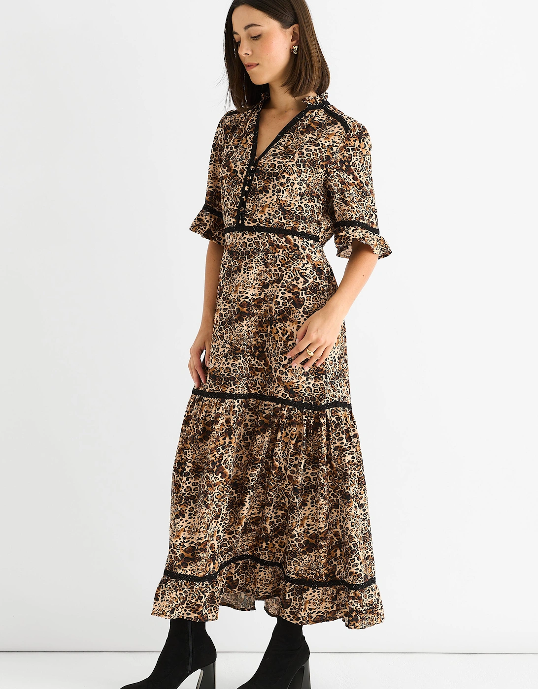 Brown Animal Print Lace Trim Tiered Midi Dress