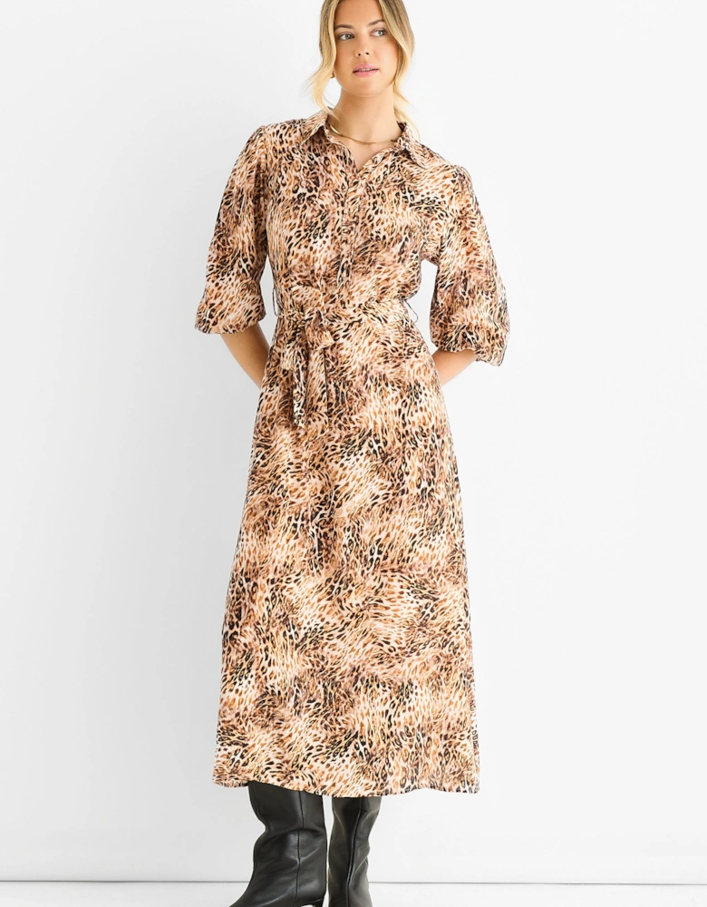 Brown Animal Printed Shirt Midi Dress