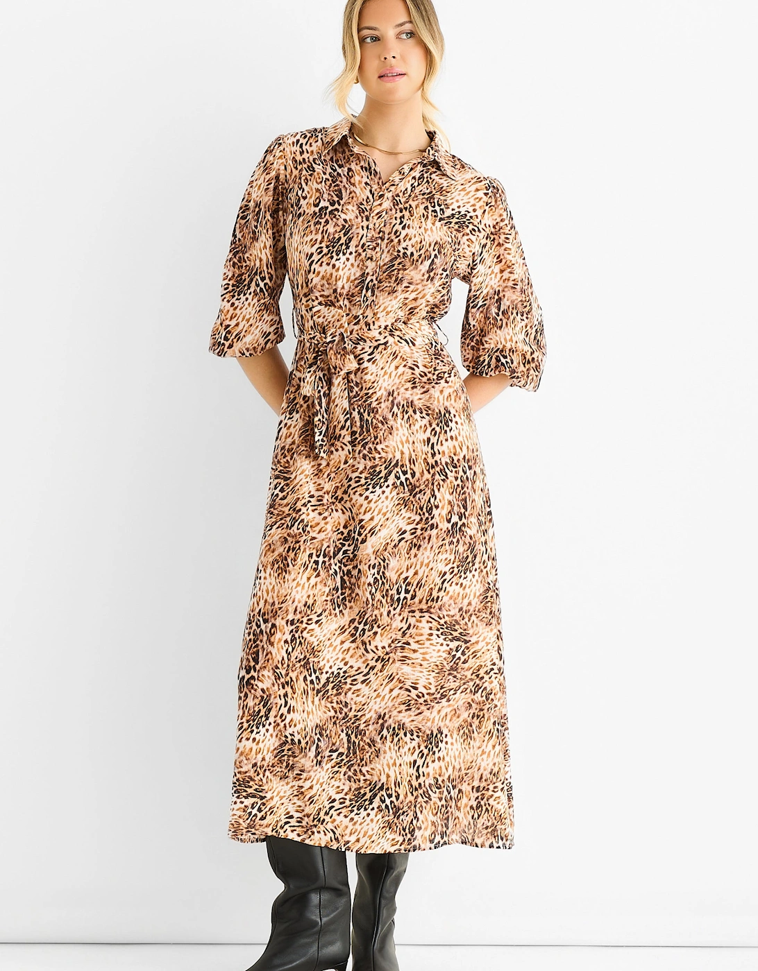 Brown Animal Printed Shirt Midi Dress, 5 of 4