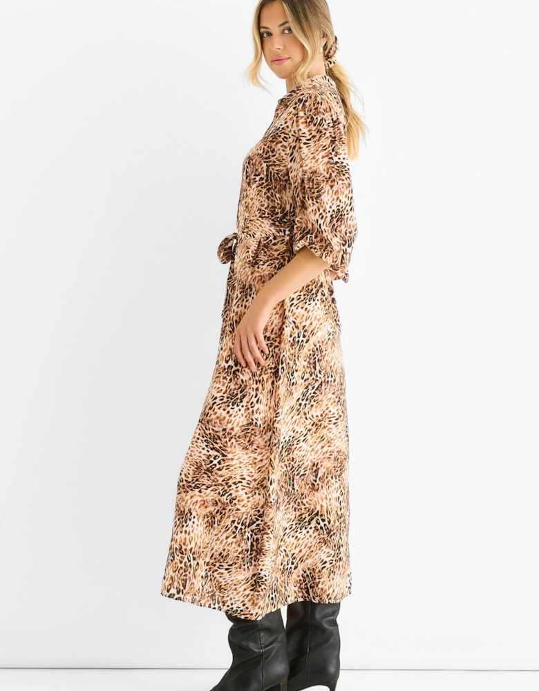 Brown Animal Printed Shirt Midi Dress