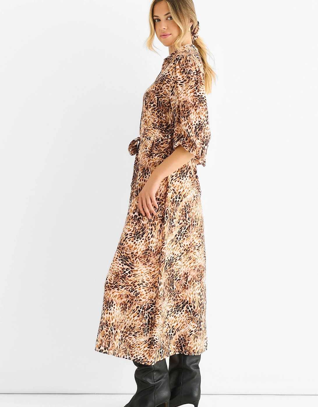 Brown Animal Printed Shirt Midi Dress