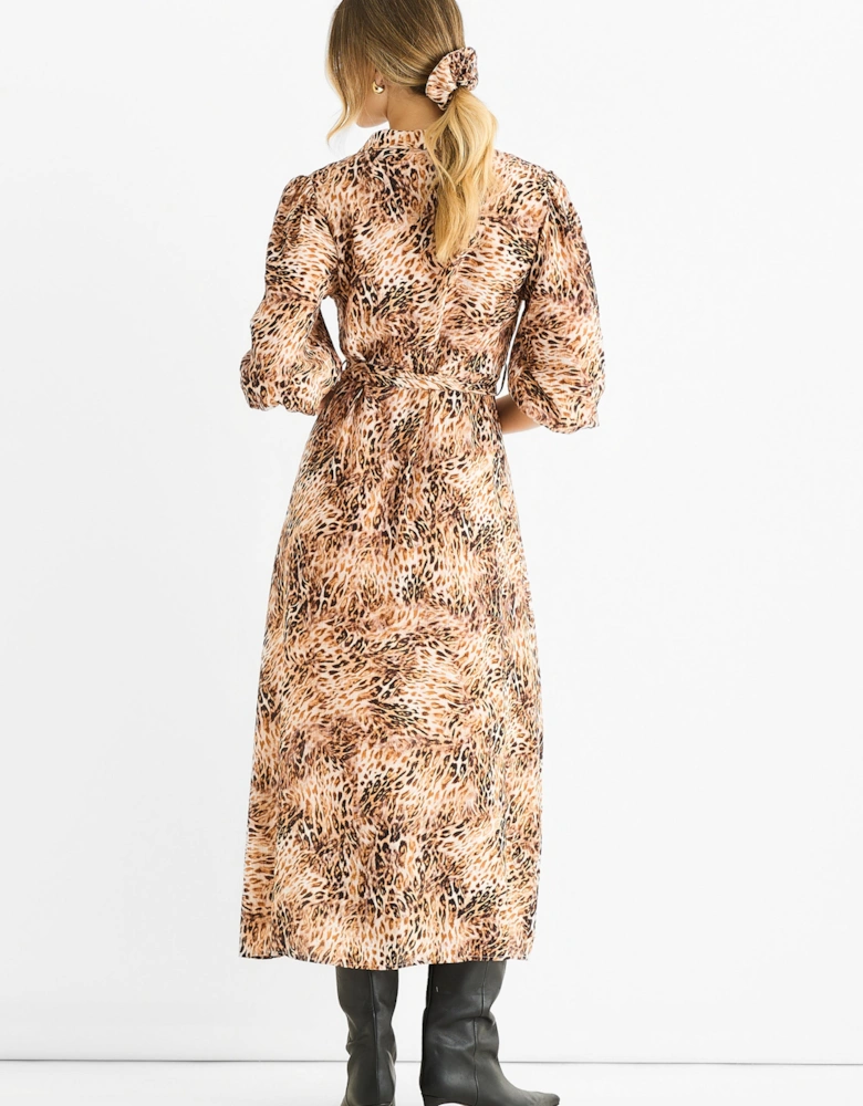 Brown Animal Printed Shirt Midi Dress