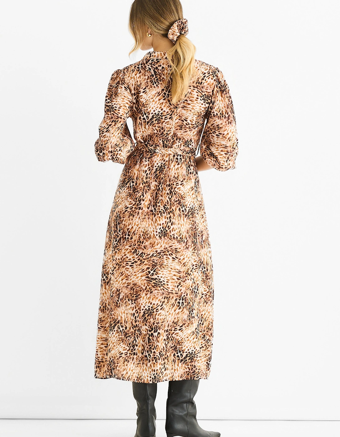 Brown Animal Printed Shirt Midi Dress
