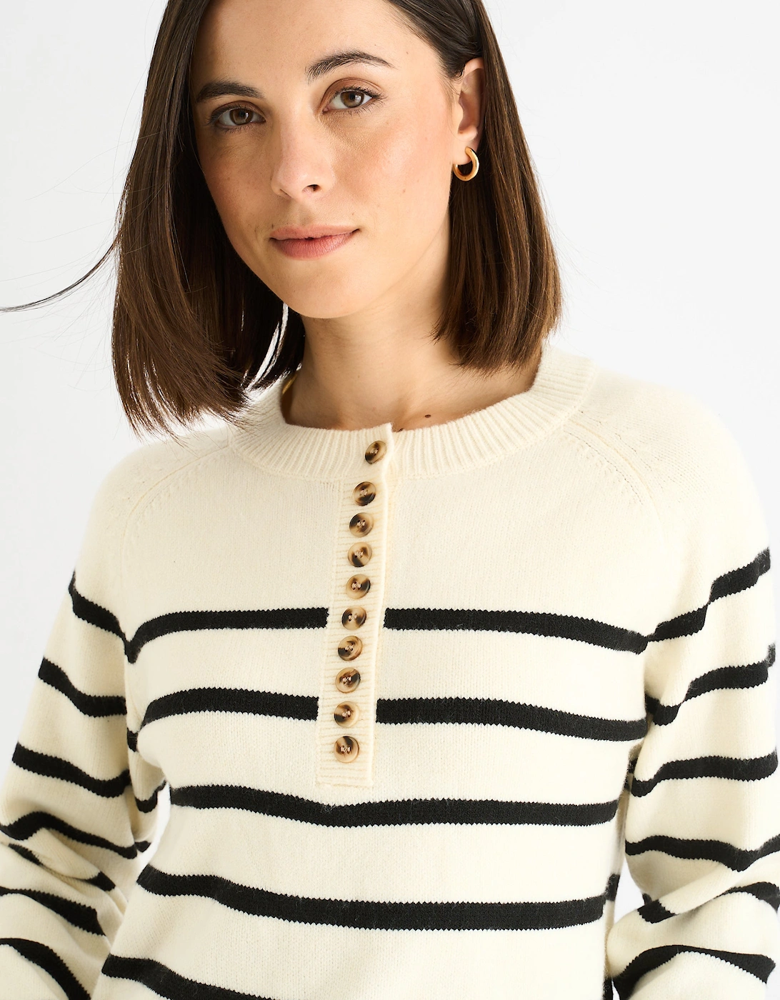 Cream Recycle Stripe Button Up Loose Fit Knit Jumper