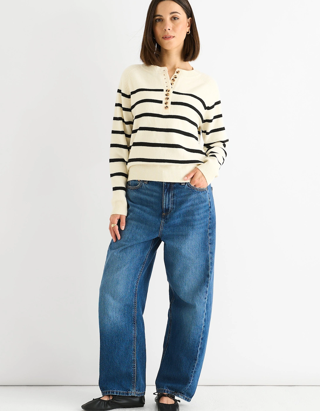 Gini London Women's White Cream Recycle Mix Stripe Button Up Loose Fit Knit Jumper - Size 12/14