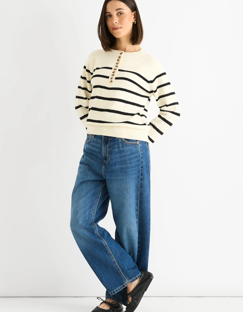 Cream Recycle Stripe Button Up Loose Fit Knit Jumper
