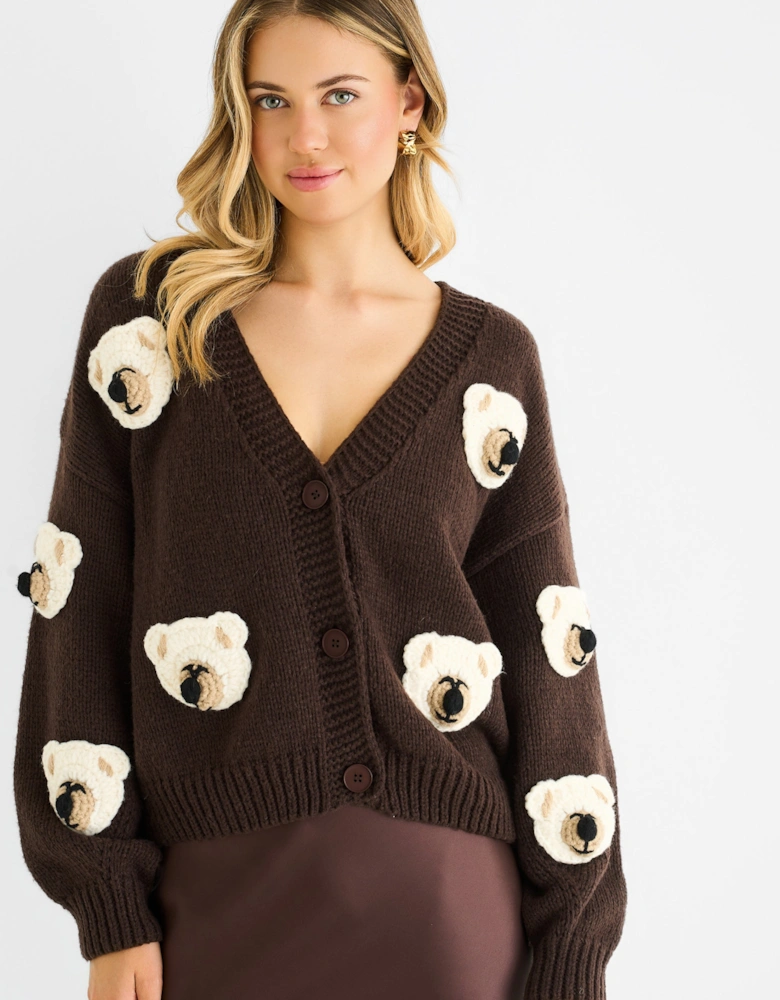 Chocolate 3D Contrast Teddy Crochet Cardigan