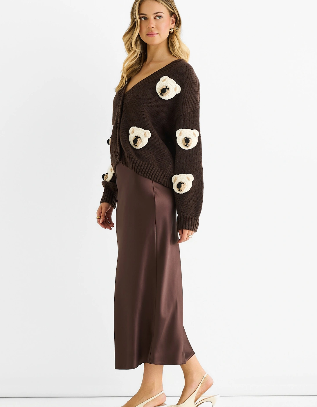 Chocolate 3D Contrast Teddy Crochet Cardigan