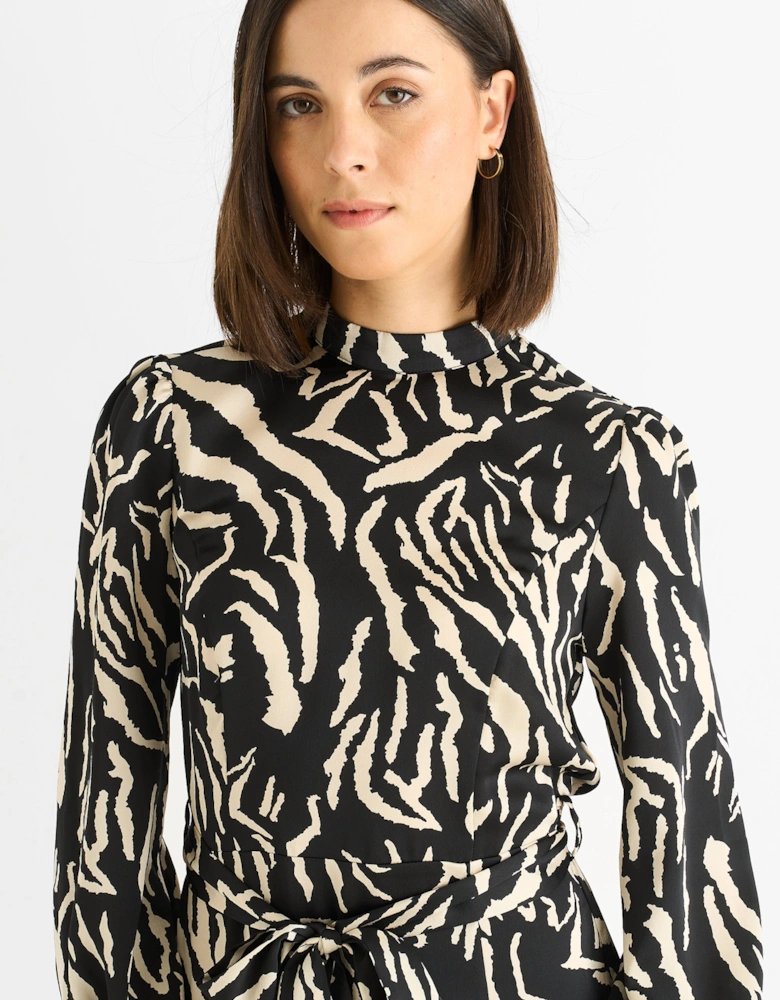 Black Animal High Neck Satin Midi Dress