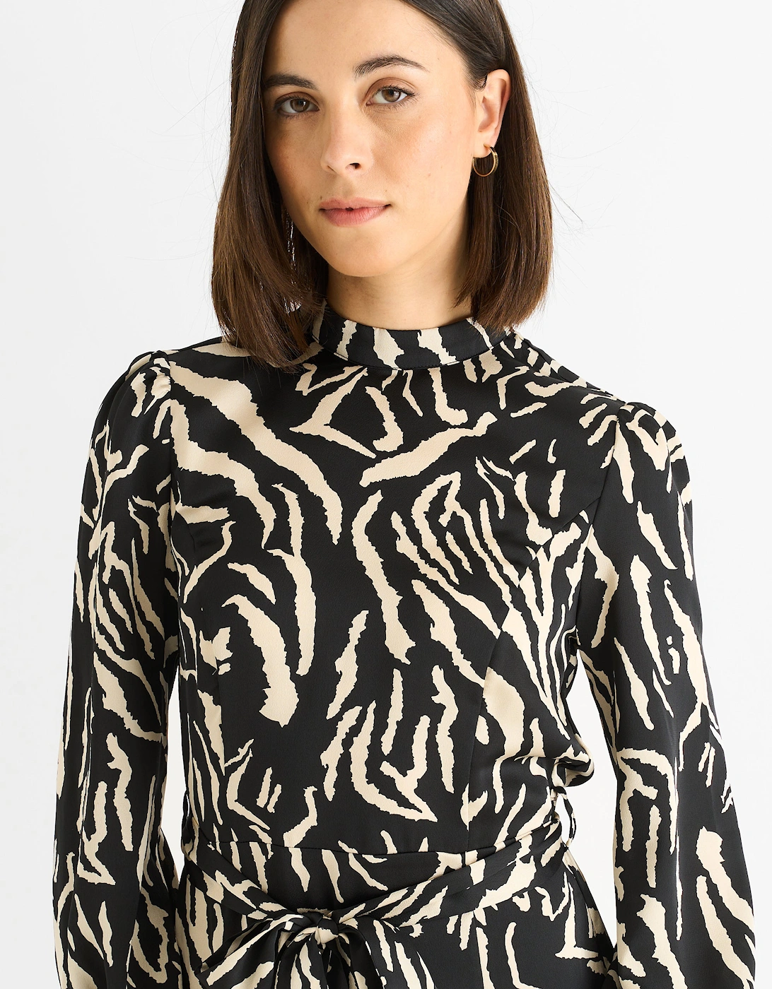 Black Animal High Neck Satin Midi Dress
