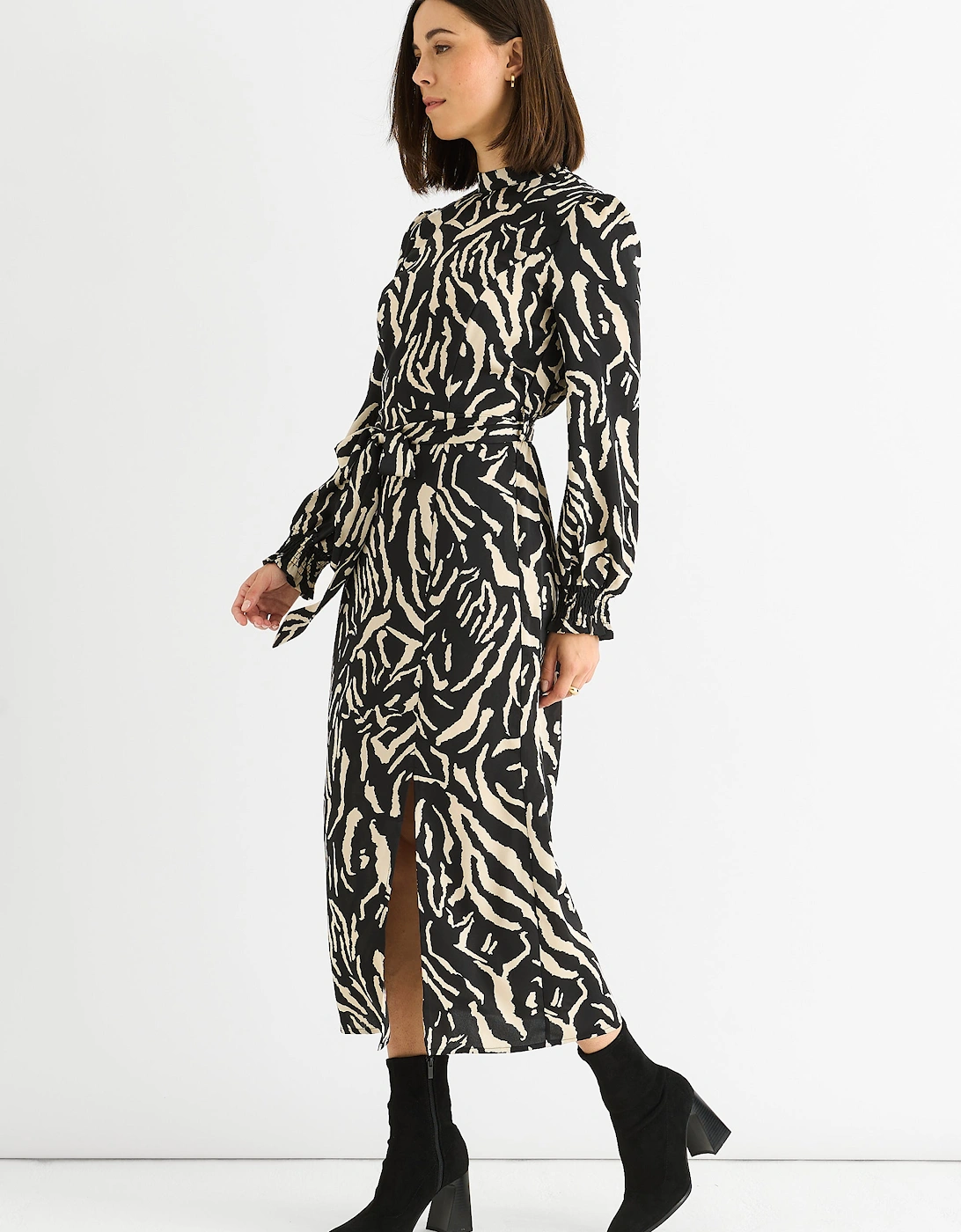 Black Animal High Neck Satin Midi Dress